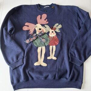 Vintage 90s Reindeer Christmas Crewneck Sweatshirt Navy Blue SEE MEASUREMENTS‎